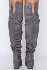 Grey Suede Split Back Heeled Knee High Boots - Reyna
