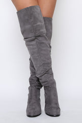 Grey Suede Split Back Heeled Knee High Boots - Reyna