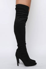 Black Suede Stiletto Heel Over The Knee Boots - Kaira