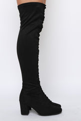 Black Suede Front Lace Up Thigh High Boots - Nikita