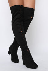 Black Suede Front Lace Up Thigh High Boots - Nikita