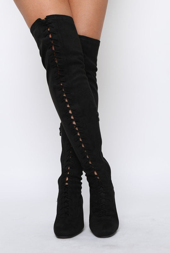 Black Suede Front Lace Up Thigh High Boots - Nikita
