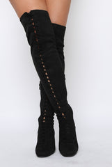 Black Suede Front Lace Up Thigh High Boots - Nikita