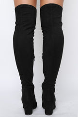 Black Suede Front Lace Up Thigh High Boots - Nikita