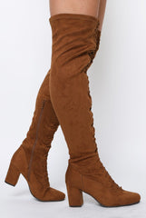 Camel Suede Front Lace Up Thigh High Boots - Nikita