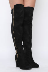 Black Suede Zip Detail Heeled Over The Knee Boots - Tara