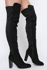 Black Suede Elasticated Panel Heeled Over The Knee Boots - Katerina