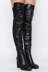 Black Patent Suede Panel Heeled Over The Knee Boots - Katerina