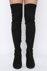 Black Suede Block Heel Thigh High Boots - Cayla