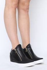Black PU Zip Detail Wedged Trainers - Valarie
