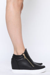 Black PU Zip Detail Wedged Trainers - Valarie