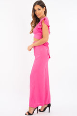 Pink Crepe Plunge Top Wide Leg Belted Trouser Co-ord - Veda