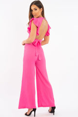 Pink Crepe Plunge Top Wide Leg Belted Trouser Co-ord - Veda