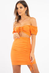 Orange Ruched Bow Tie Crop Top Skirt Co-ord - Chasity