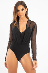 Black Mesh Plunge Front Bodysuit with Lining - Frayer