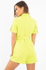 Lime Short Sleeve Button Front Resin Belted Playsuit - Caasi