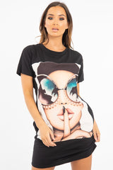 Black Oversized Face Silence T-Shirt Dress - Brinsley
