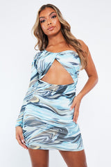 Blue Marble Print One Shoulder Cut Out Ruched Midi Dress - Breiah