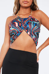 Multi Marble Halter Neck Gold Chain Detail Crop Top - Eren
