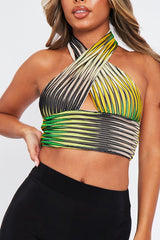 Green Mesh Blend Halter Neck Crop Top - Naroa