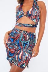 Multi Marble Print Ring Detail Halter Neck Crop Top - Pixey