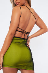 Green Mesh Lace Up Back Mini Dress - Zaya
