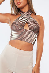 Brown Mesh Blend Halter Neck Crop Top - Naroa