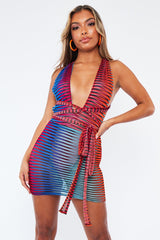 Blue Mesh Blend Halter Neck Mini Dress - Lelah