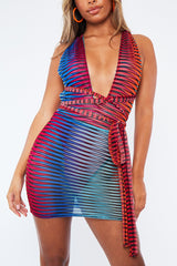Blue Mesh Blend Halter Neck Mini Dress - Lelah