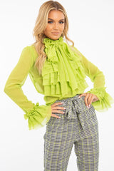 Lime Crepe Ruffle High Neck Shirt - Honey