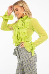 Lime Crepe Ruffle High Neck Shirt - Honey