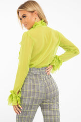 Lime Crepe Ruffle High Neck Shirt - Honey