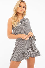Black and Beige Stripe One Shoulder Frill Dress - Zyann