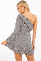 Black and Beige Stripe One Shoulder Frill Dress - Zyann