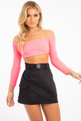 Neon Pink Ribbed Bardot Crop Top - Jodi