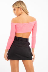 Neon Pink Ribbed Bardot Crop Top - Jodi