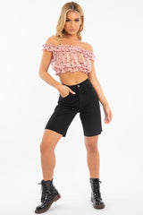 Light Pink Polka Mesh Frill Bardot Crop Top - Wrenlee