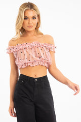 Light Pink Polka Mesh Frill Bardot Crop Top - Wrenlee