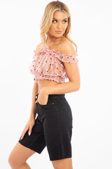 Light Pink Polka Mesh Frill Bardot Crop Top - Wrenlee