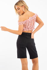 Light Pink Polka Mesh Frill Bardot Crop Top - Wrenlee