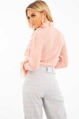 Peach Crepe Ruffle High Neck Shirt - Honey