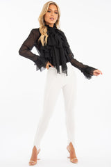 Black Crepe Ruffle High Neck Shirt - Honey