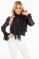 Black Crepe Ruffle High Neck Shirt - Honey