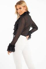 Black Crepe Ruffle High Neck Shirt - Honey