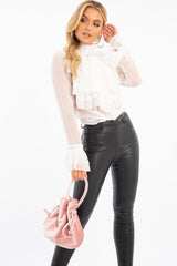 White Crepe Ruffle High Neck Shirt - Honey
