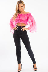 Hot Pink Mesh Frill Bardot Top - Rowe