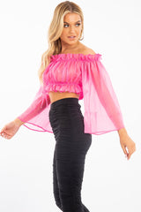 Hot Pink Mesh Frill Bardot Top - Rowe