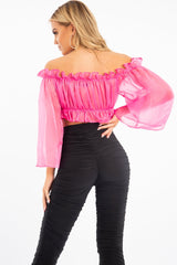 Hot Pink Mesh Frill Bardot Top - Rowe