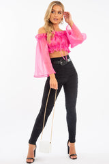 Hot Pink Mesh Frill Bardot Top - Rowe