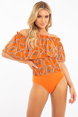 Orange Chain Print Bardot Bodysuit - Peeta